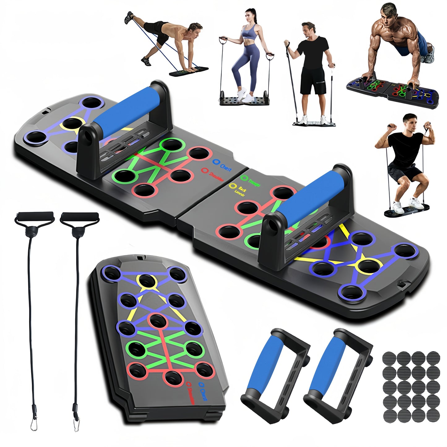 Multifunctional Fitness Push-up Board - Foldable 28 Holes, 330LBS Loading, with Colored Handles, Multifunctional Fitness Equipment, Three Colors, with Pull Rope, Strength Training, Push-up Training, Exercise Chest, Arms, Abdomen, Back, Legs, Strength Trai